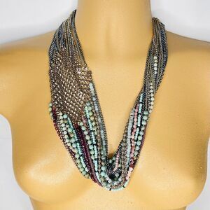 Stella & Dot Mae Statement Necklace Mesh Multi Strand Stone Silver RV$129 4765